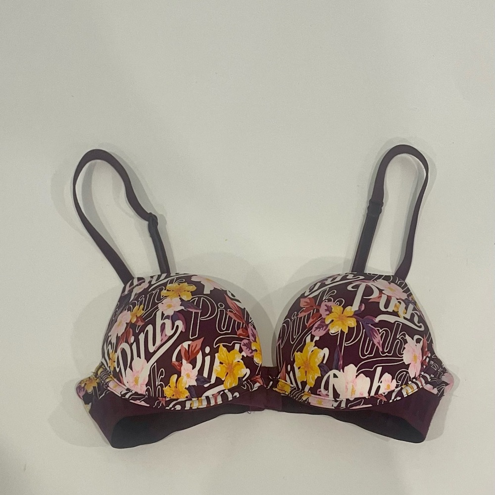 PINK Victoria's Secret Floral Bra in Burgundy and Yellow